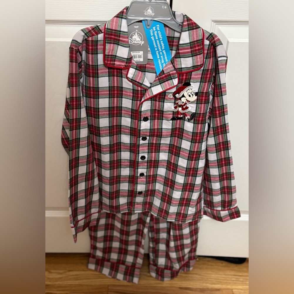 Disney Kids Holiday Plaid Pajama Set -Santa Minnie NWT Size 7/8